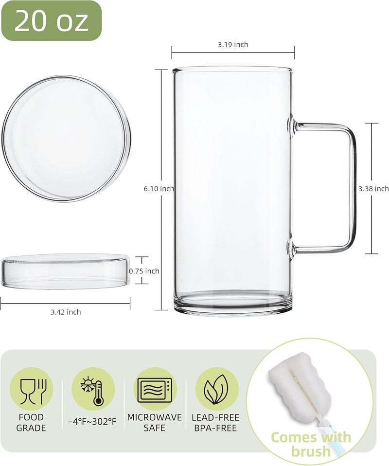 FLFK 20 oz Glass Coffee Mug with Lid - Large Clear Tea Mug, Beer Mug and Big Coffee Mug - Image 2